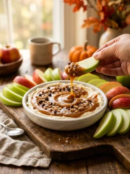 Caramel apple dip with toffee bits and an apple slice dipped in caramel