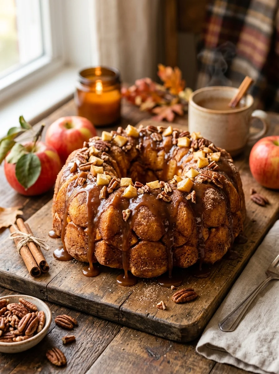 Caramel apple monkey bread topped with diced apples and pecans on a wooden board