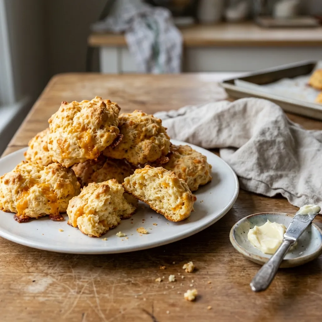 Golden cheddar drop biscuits on a white plate, one broken open, with butter on the side