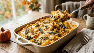 Cheesy baked pumpkin pasta with kale and crispy sage breadcrumbs in a baking dish