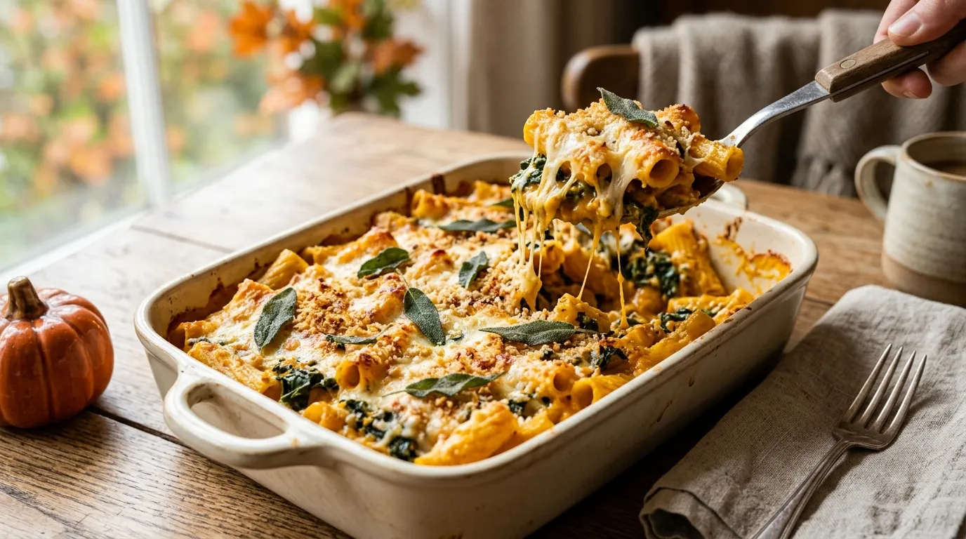 Cheesy baked pumpkin pasta with kale and crispy sage breadcrumbs in a baking dish