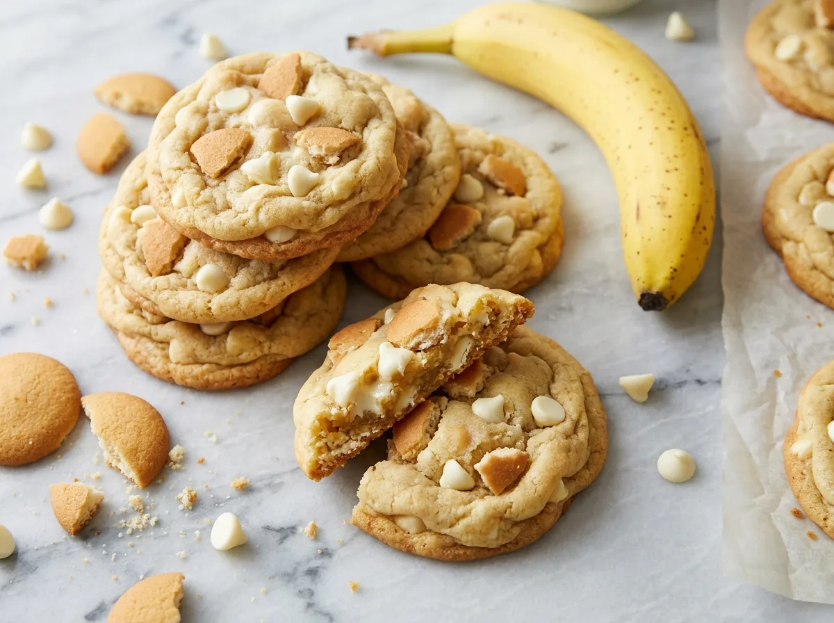 Stack of chewy banana pudding cookies with Nilla wafers, white chocolate chips and a ripe banana