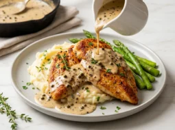 Chicken au poivre: seared chicken breasts over mashed potatoes with creamy peppercorn sauce being poured on, asparagus on the side
