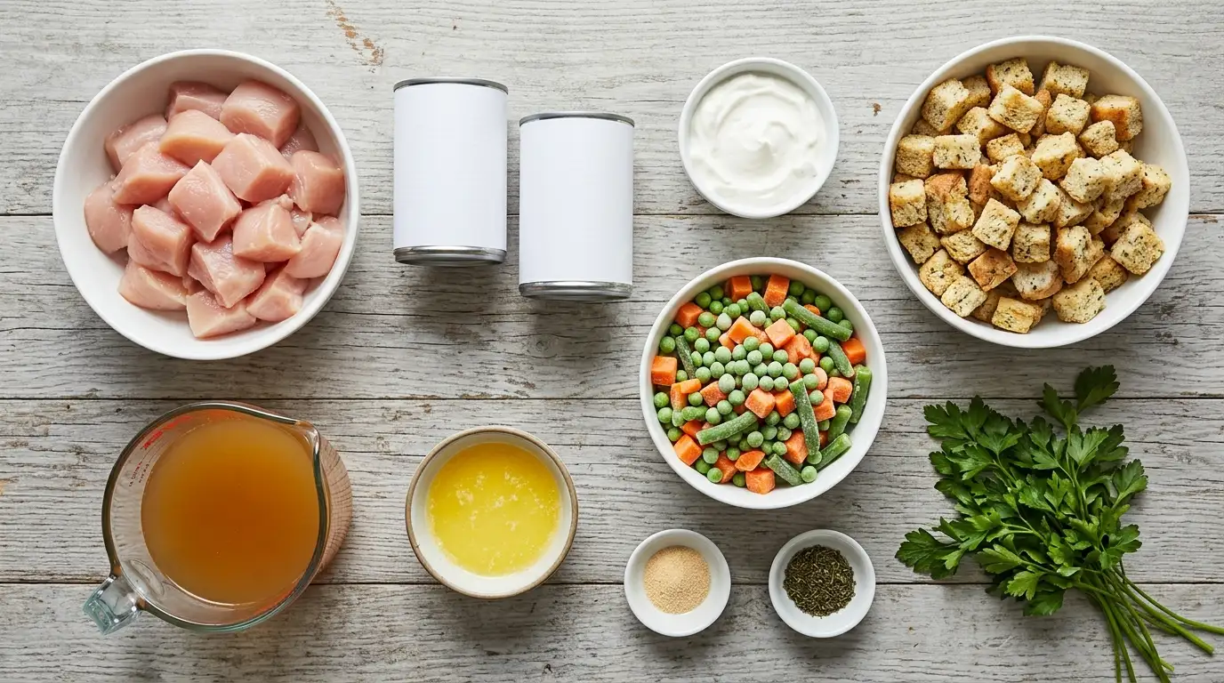 Ingredients for crockpot chicken and stuffing: chicken pieces, soup, sour cream, mixed vegetables, stuffing mix and broth