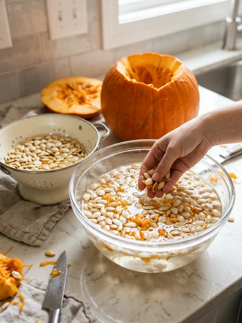 Cleaning pumpkin seeds in a bowl of water next to a carved pumpkin