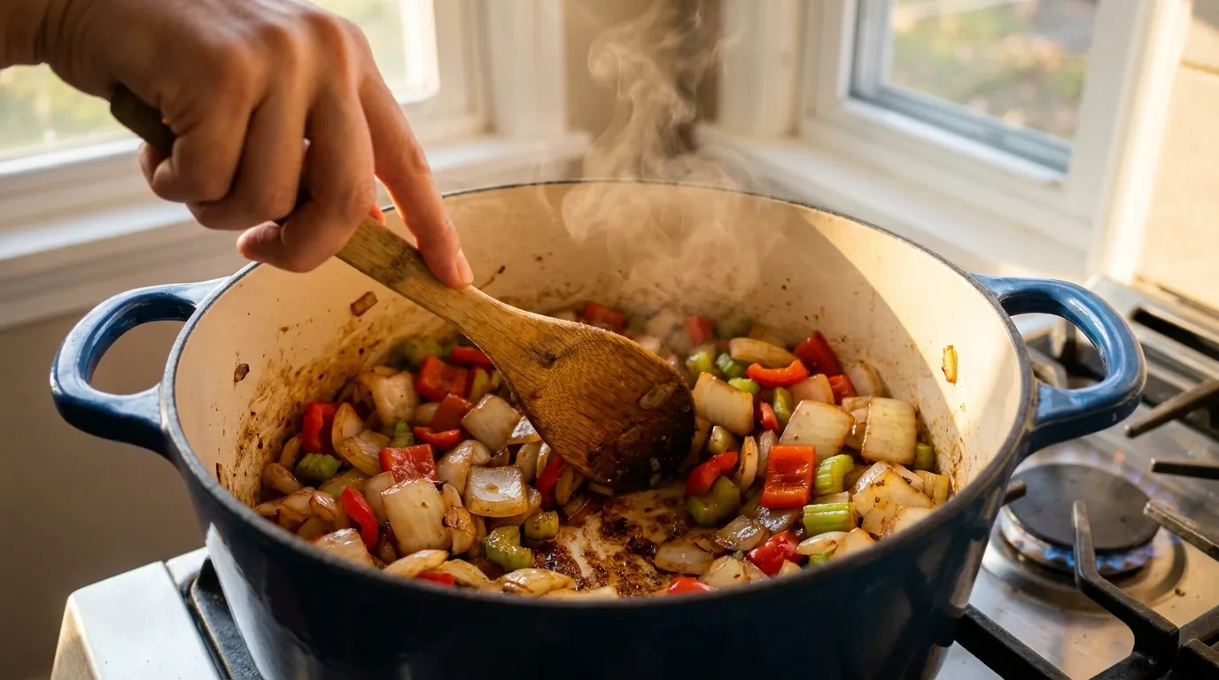 Onion, bell pepper and celery cooking in a Dutch oven for Creole jambalaya