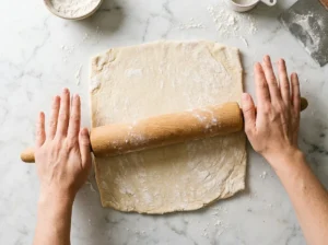 Rolling puff pastry into a square on a floured counter
