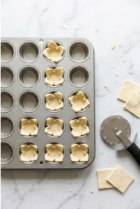 Puff pastry squares pressed into a mini muffin pan