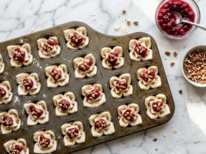 Unbaked puff pastry cups filled with brie, cranberry sauce and pecans