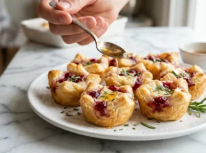 Drizzling honey over baked cranberry brie bites with rosemary