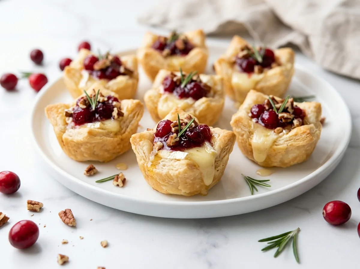 Cranberry brie bites in puff pastry cups with pecans and rosemary on a white plate