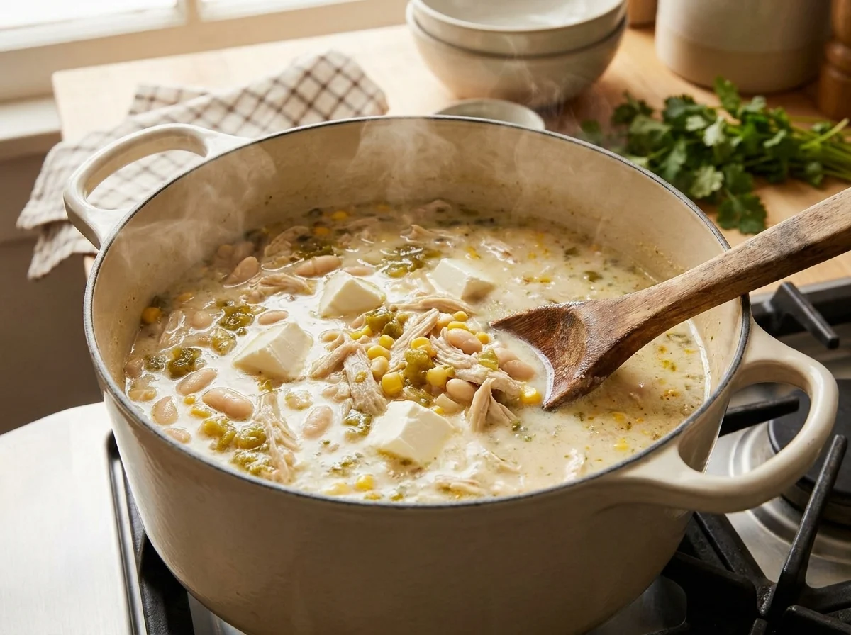 Stirring cream cheese into white chicken chili in a Dutch oven on the stovetop