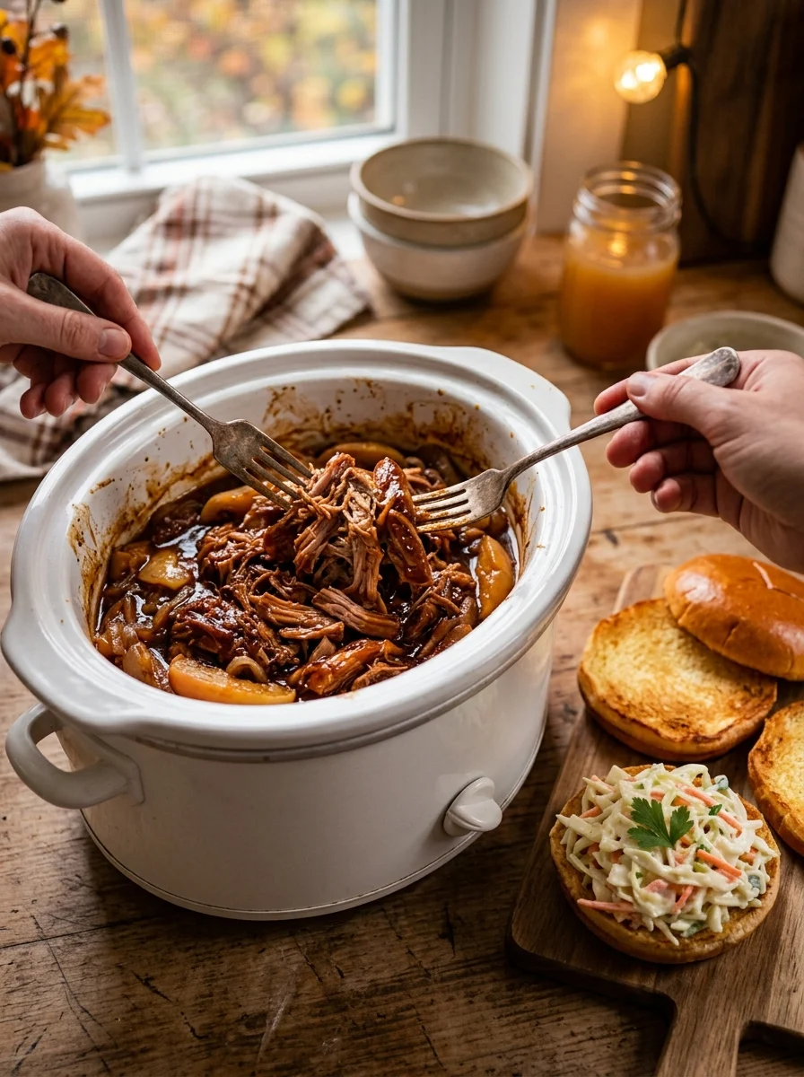 Apple cider pulled pork being shredded with two forks in a white slow cooker