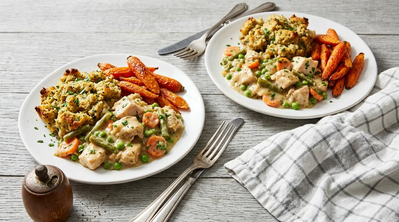 Two plates of chicken stuffing casserole with creamy sauce, peas and carrots, served with roasted carrots