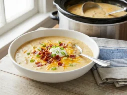 Crockpot loaded potato soup in a white bowl topped with cheddar, bacon, sour cream and green onions, slow cooker in the background