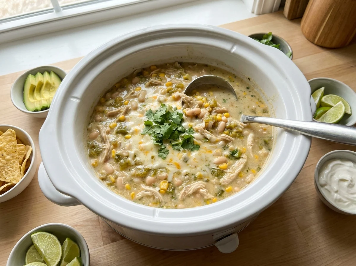 Crockpot white chicken chili in a slow cooker with avocado, sour cream, lime and tortilla chip toppings