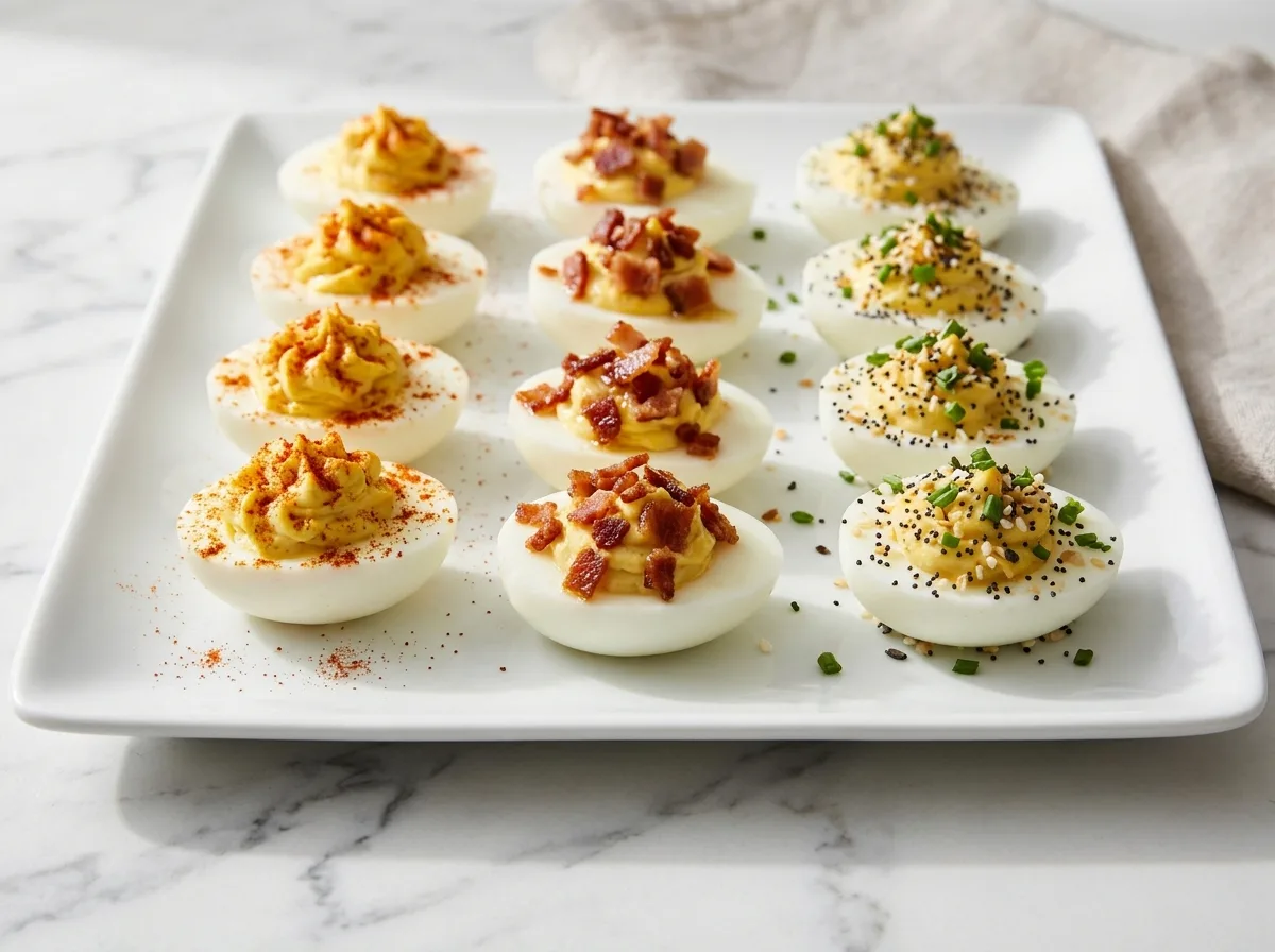 Deviled egg flight with classic, maple bacon and everything bagel toppings