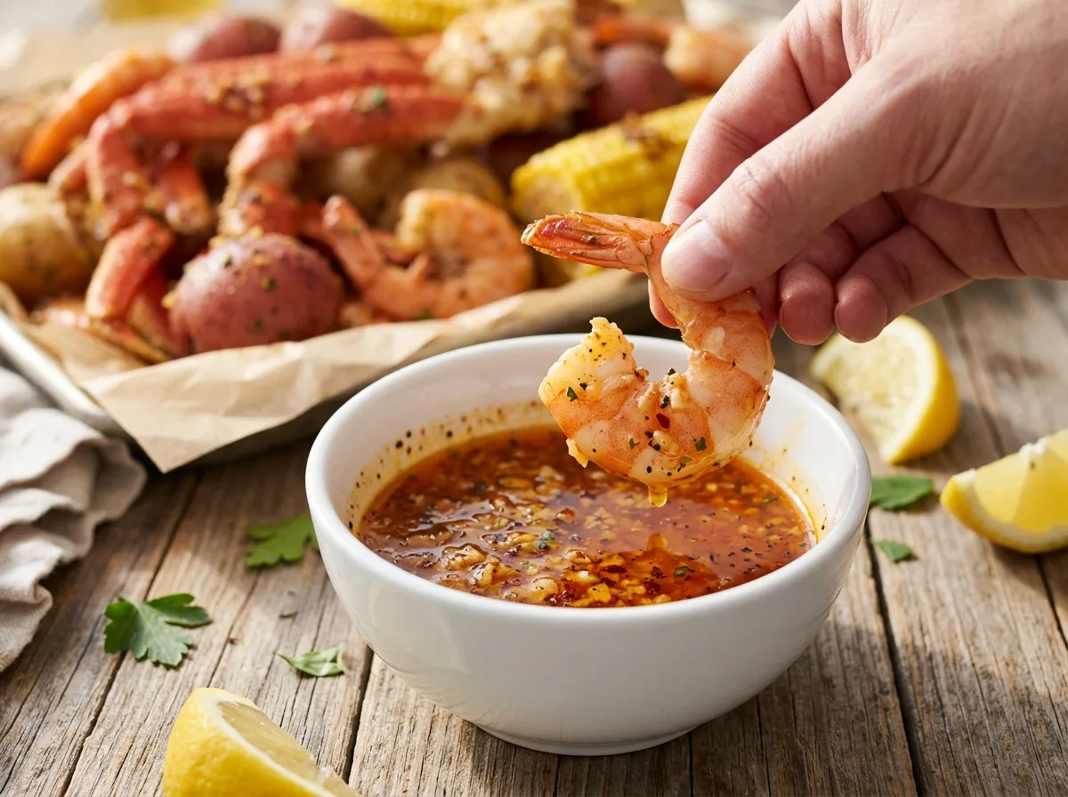 Peeled shrimp dipped into a bowl of Cajun garlic butter seafood boil sauce