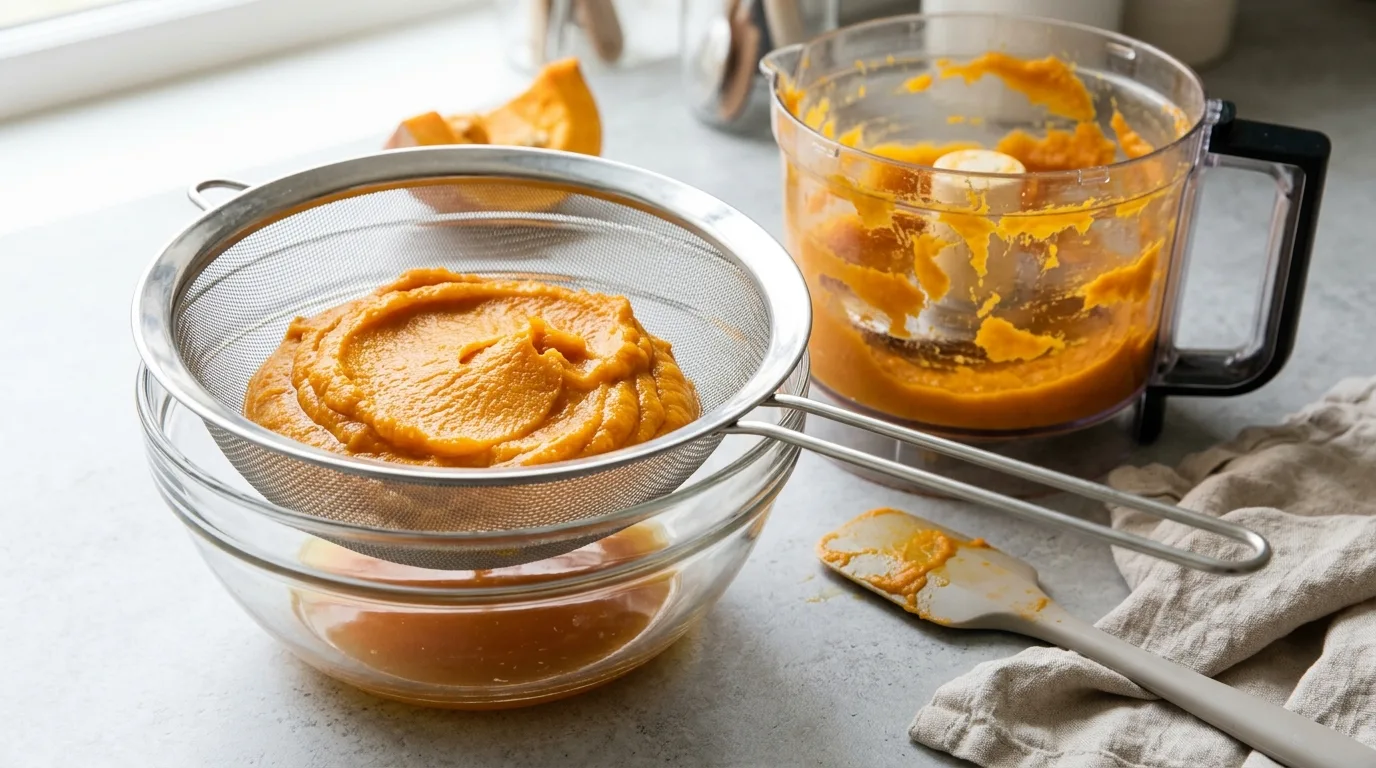 Fresh pumpkin puree draining in a fine-mesh strainer over a glass bowl next to a food processor