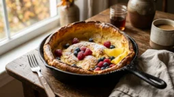Puffy golden Dutch baby pancake in a cast iron skillet with powdered sugar, berries and lemon