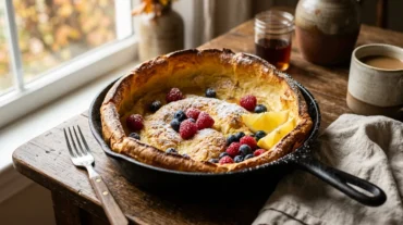Puffy golden Dutch baby pancake in a cast iron skillet with powdered sugar, berries and lemon