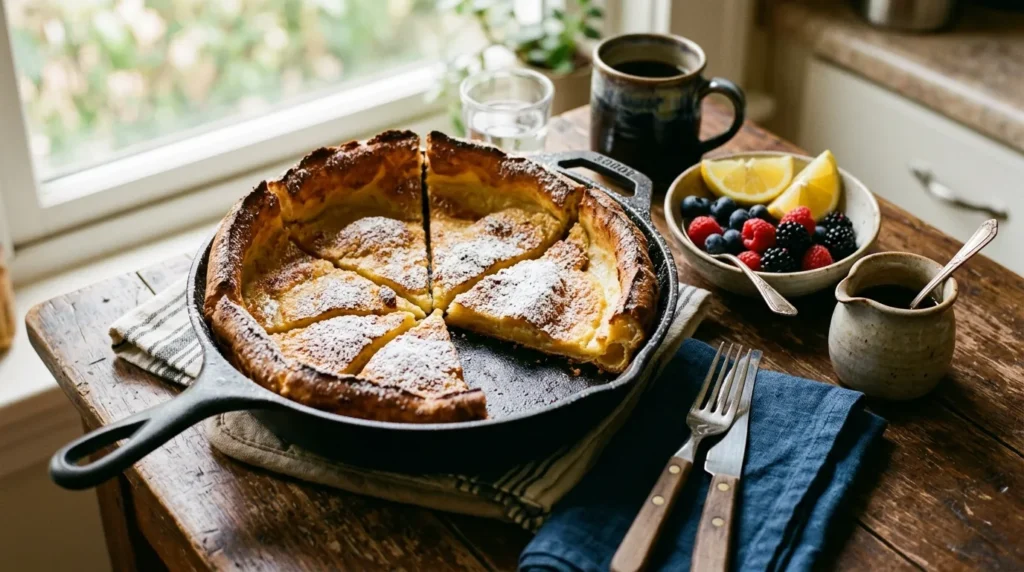 Dutch baby pancake cut into wedges in a cast iron skillet with lemon and berries