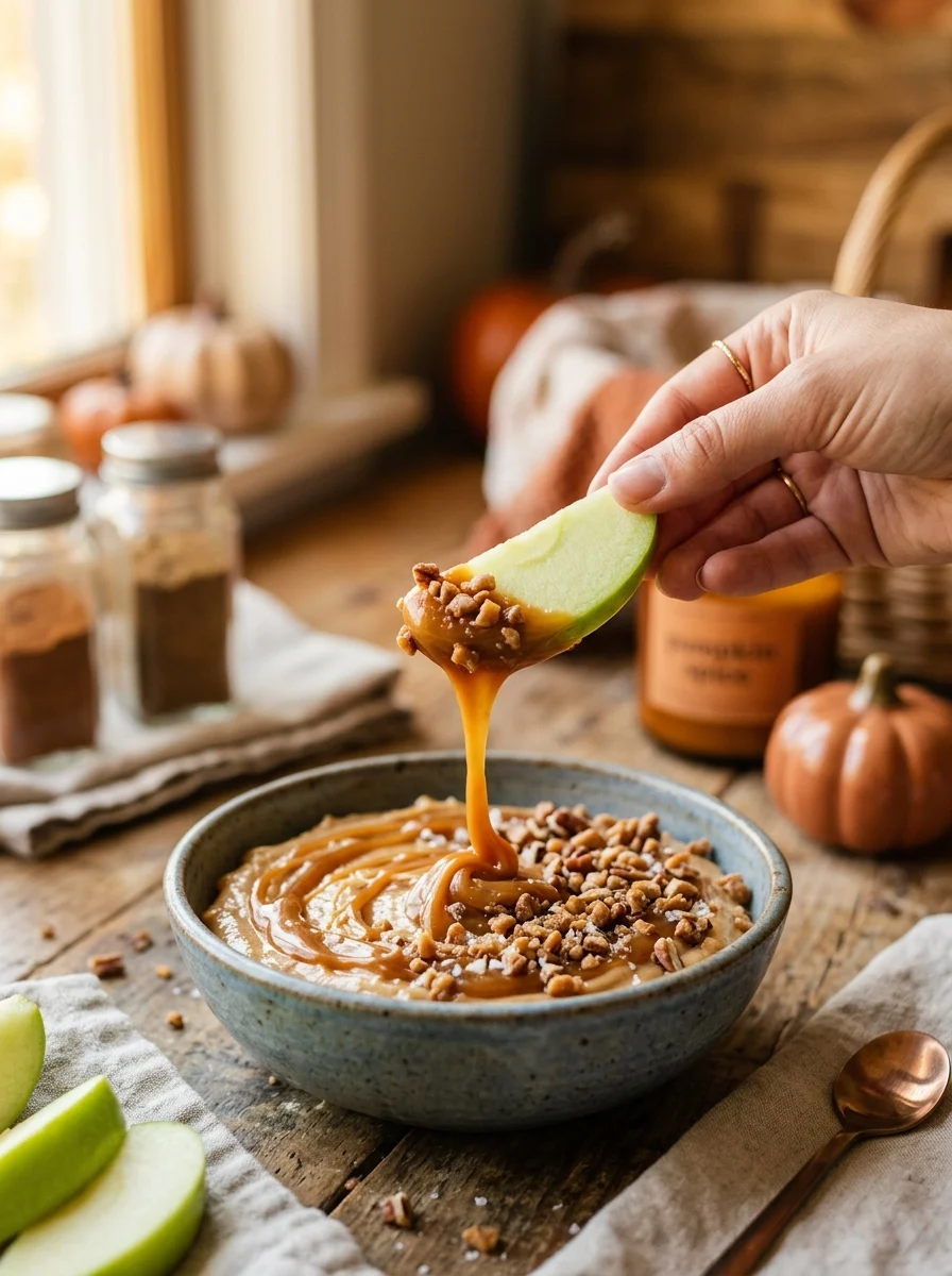 Green apple slice dipped into creamy caramel apple dip with caramel dripping