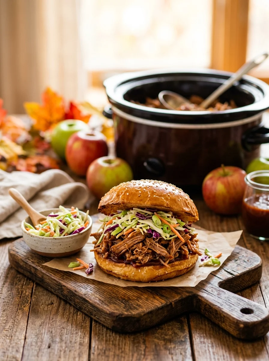 Apple cider pulled pork sandwich with coleslaw beside a slow cooker