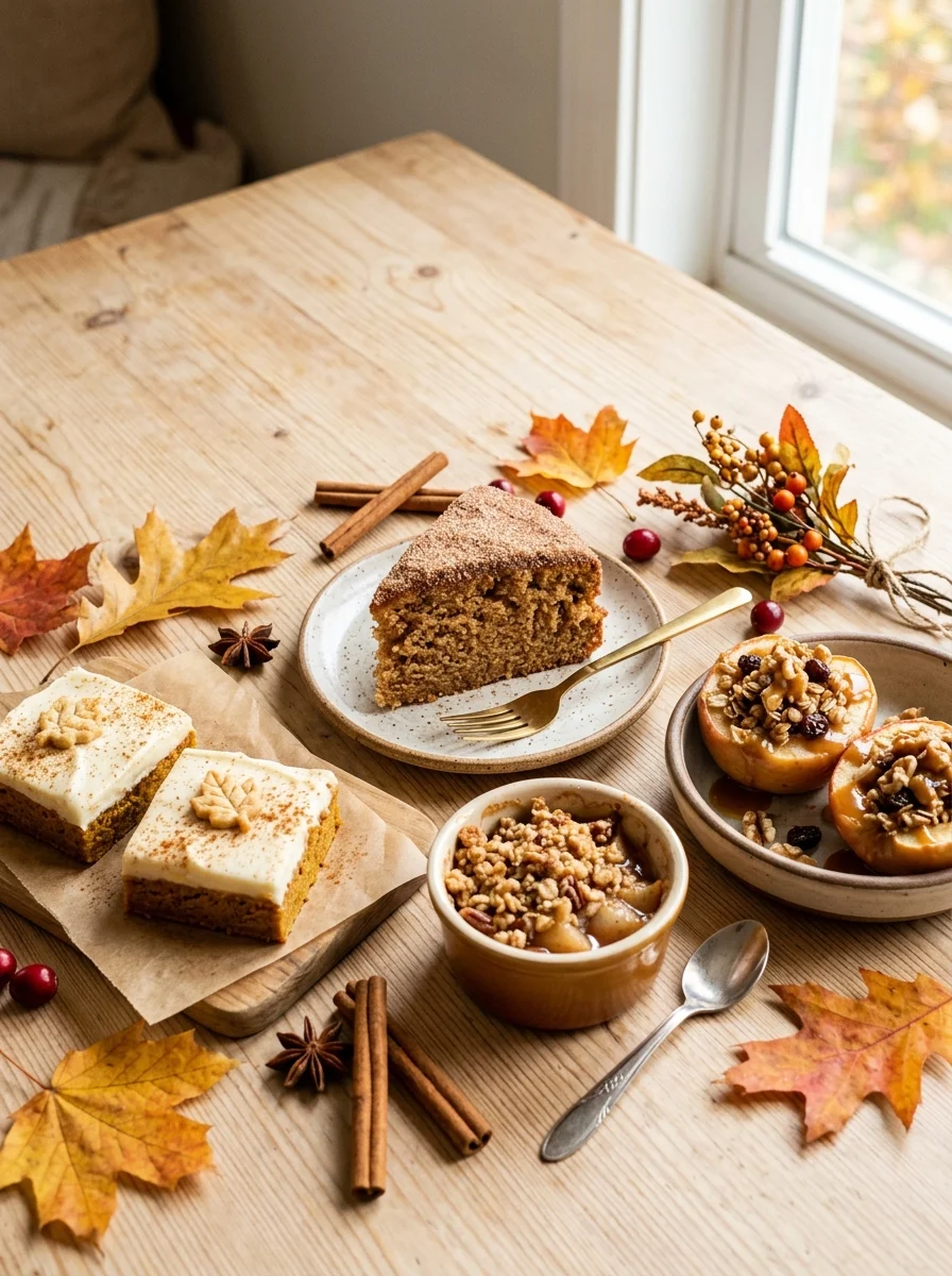 Easy fall dessert recipes with pumpkin bars, baked apples and a slice of spice cake