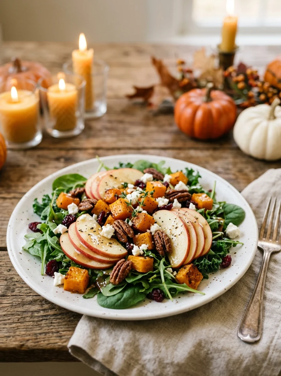 Fall harvest salad with roasted squash, apple slices and feta on a Thanksgiving table