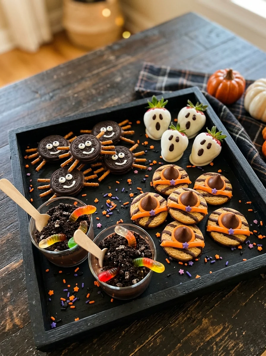 Oreo spiders, ghost strawberries, witch hat cookies and dirt cups on a black tray