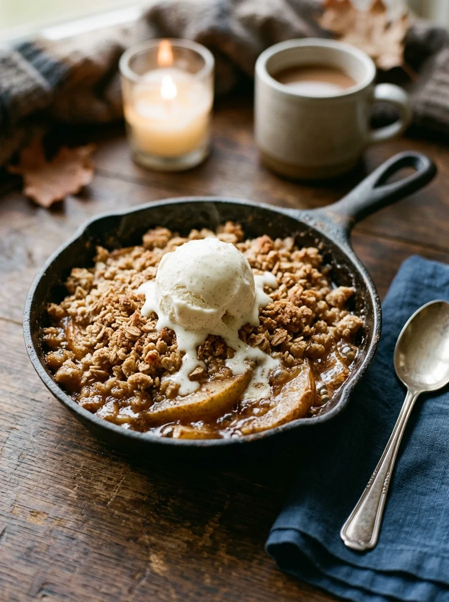 Pear crisp with oat crumble and melting vanilla ice cream in a cast iron skillet