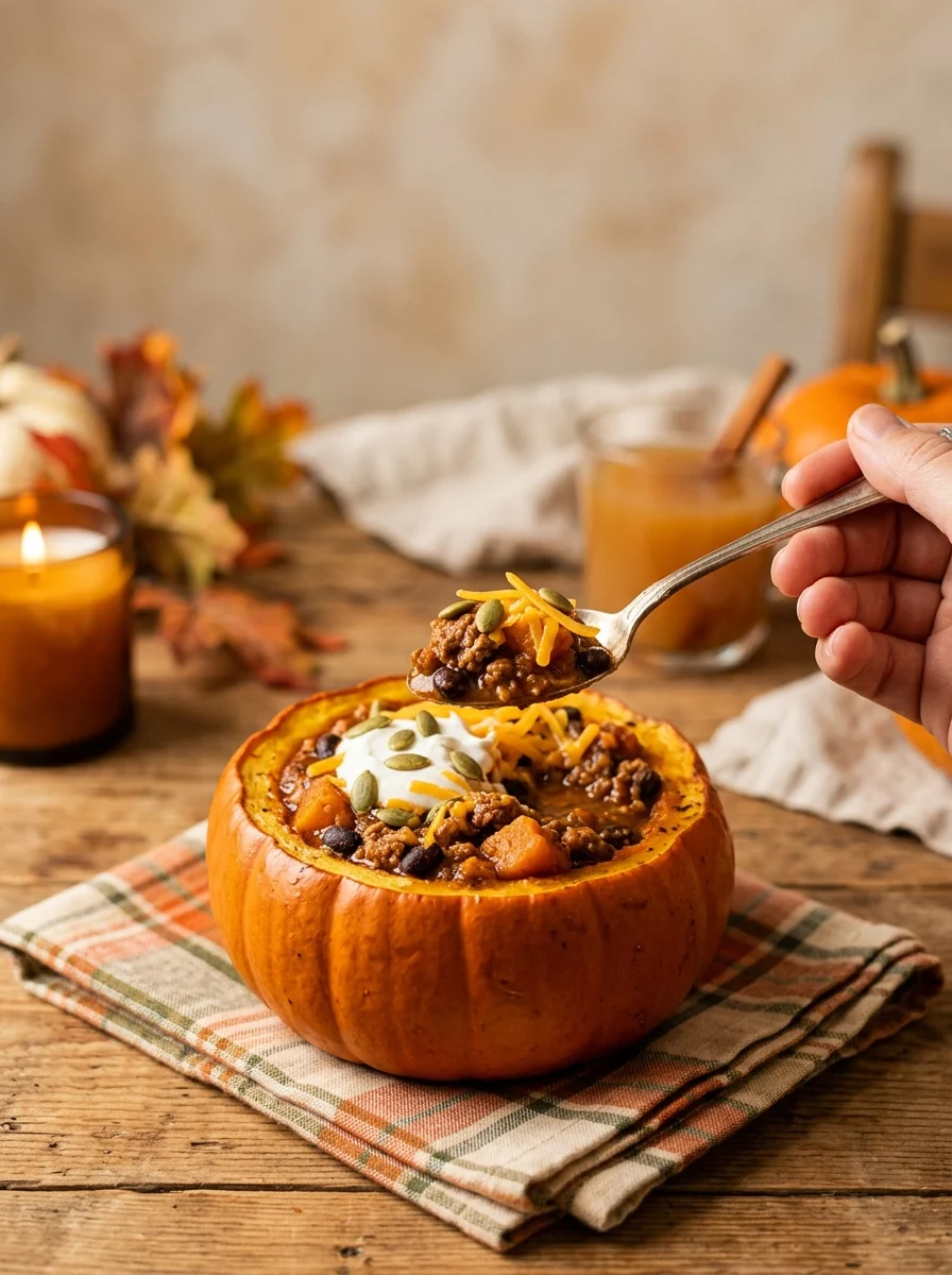 Pumpkin chili served in a hollowed pumpkin bowl topped with sour cream and cheese