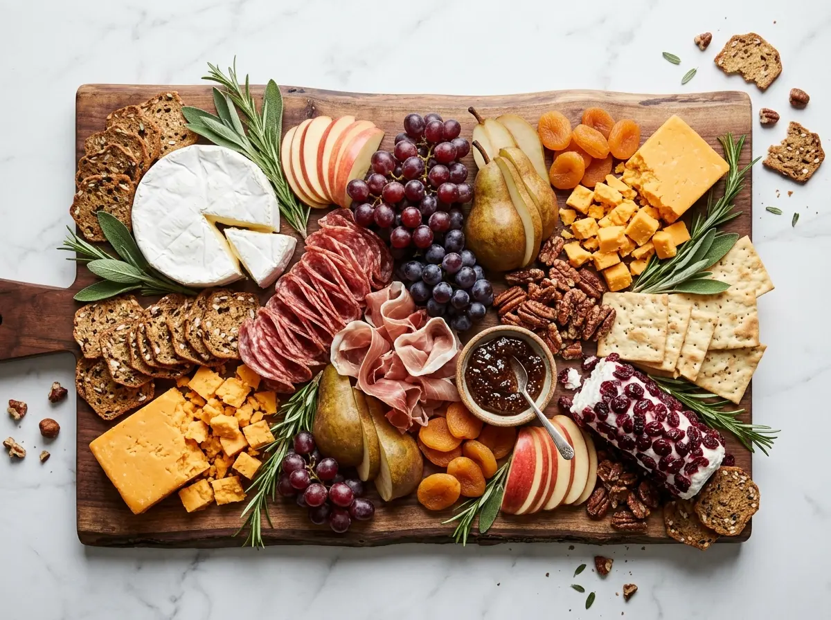 Fall charcuterie board with cheeses, cured meats, apples, pears, grapes and pecans