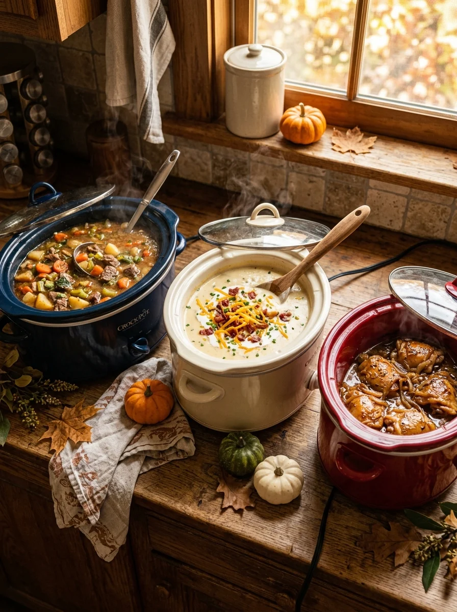 Fall crockpot recipes: beef stew, loaded potato soup and maple chicken in slow cookers