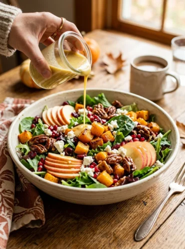 Maple Dijon dressing drizzled over a fall harvest salad with squash, apples, pecans and feta