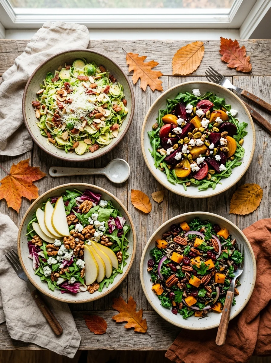 Four fall salad recipes with Brussels sprouts, beets, pears and roasted squash in bowls