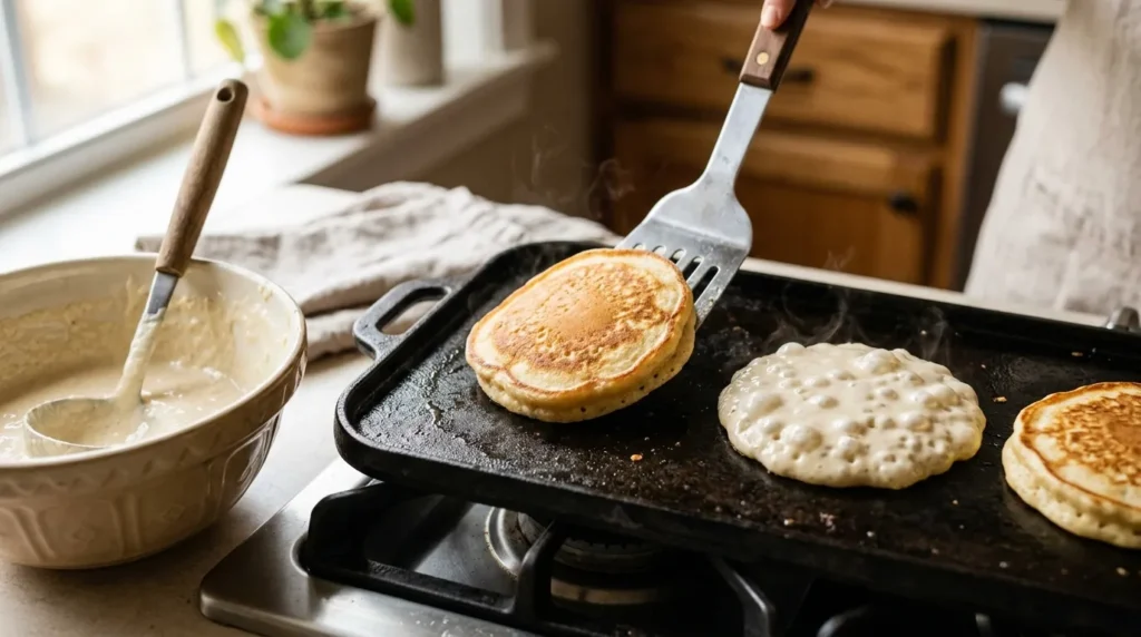 Fluffy buttermilk pancakes cooking on a griddle, one being flipped with a spatula