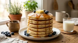 Tall stack of fluffy buttermilk pancakes with melting butter, maple syrup and fresh blueberries