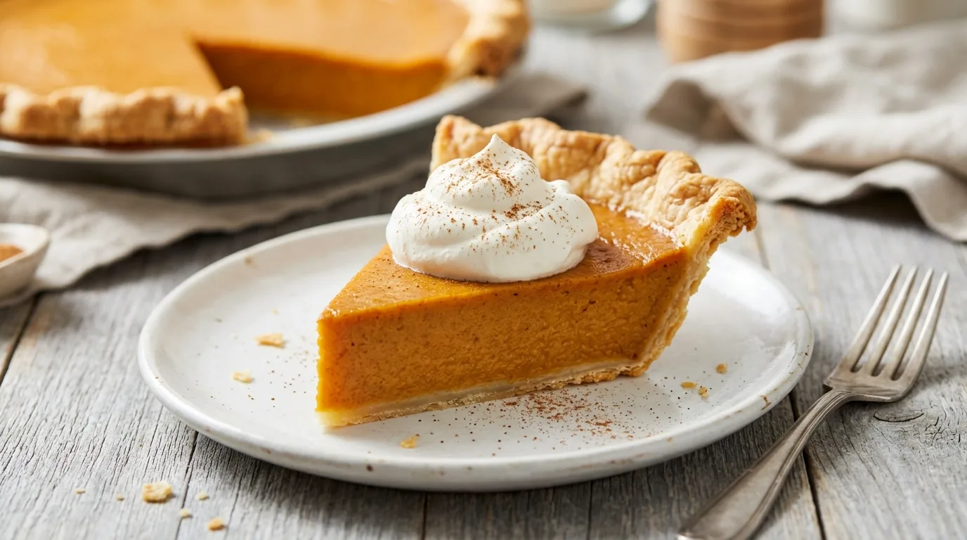 Slice of fresh pumpkin pie with a smooth custard filling, flaky crust and whipped cream on a white plate