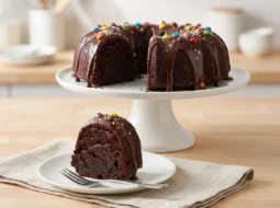 Galactic brownie bundt cake with chocolate glaze and rainbow candy chips on a cake stand, with a fudgy slice on a plate