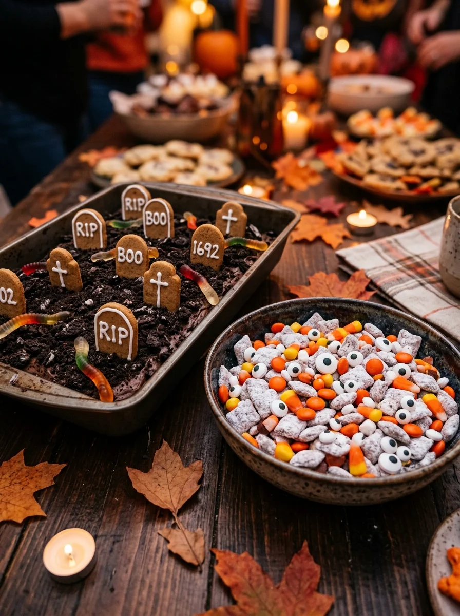 Graveyard brownies with cookie tombstones and a bowl of monster puppy chow for a Halloween potluck