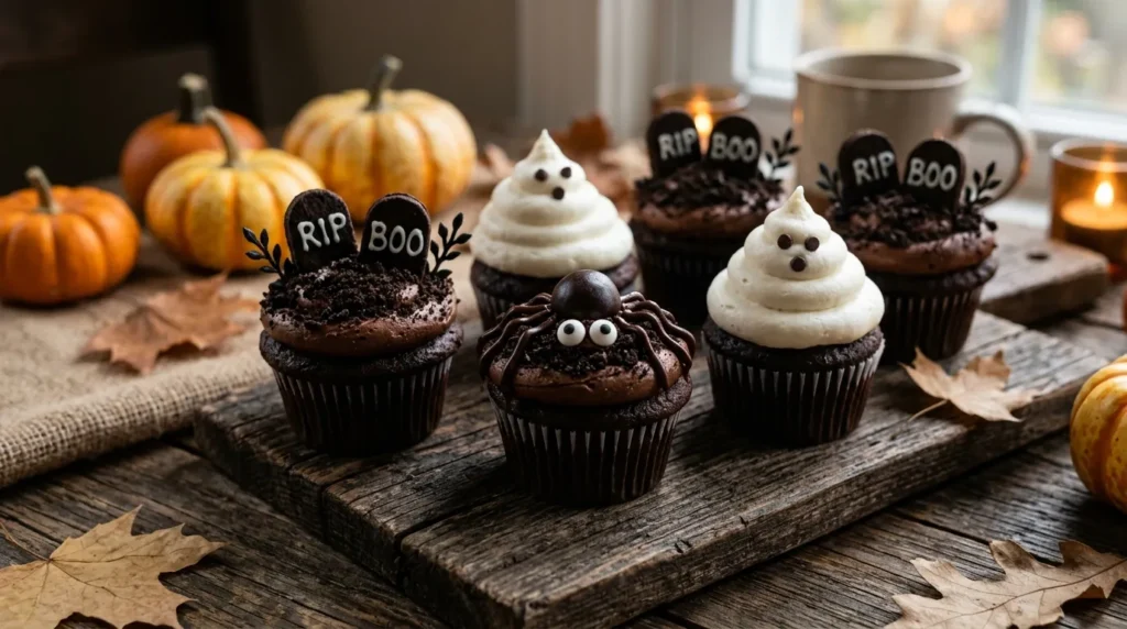 Halloween chocolate cupcakes decorated as graveyards, ghosts and a spider