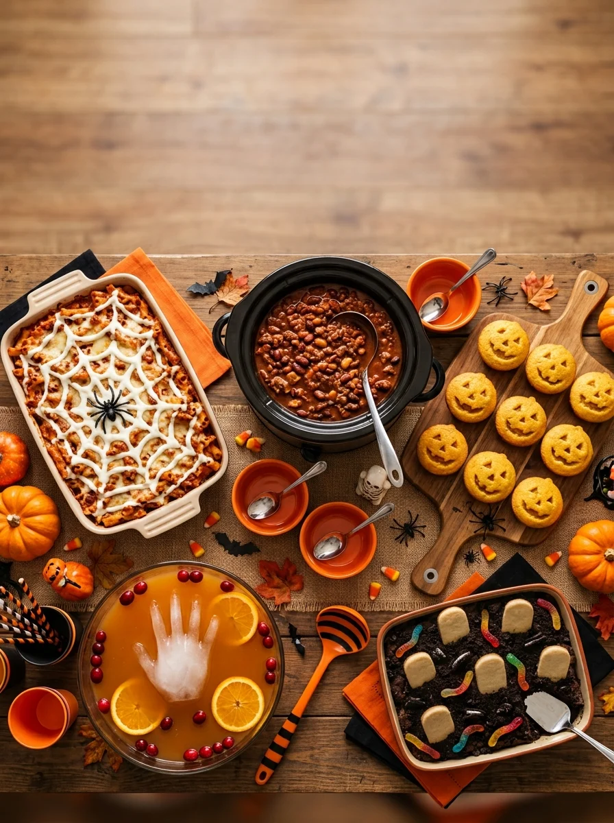 Overhead Halloween potluck spread with baked ziti, chili, brownies, cornbread muffins and punch