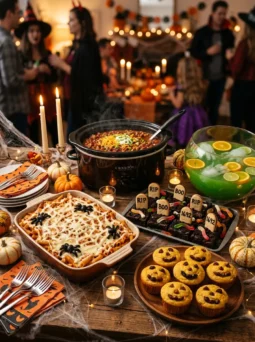 Halloween potluck table with spiderweb baked ziti, chili, graveyard brownies and green punch