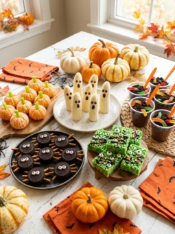 Halloween snacks for kids: banana ghosts, clementine pumpkins, Oreo spiders and monster treats