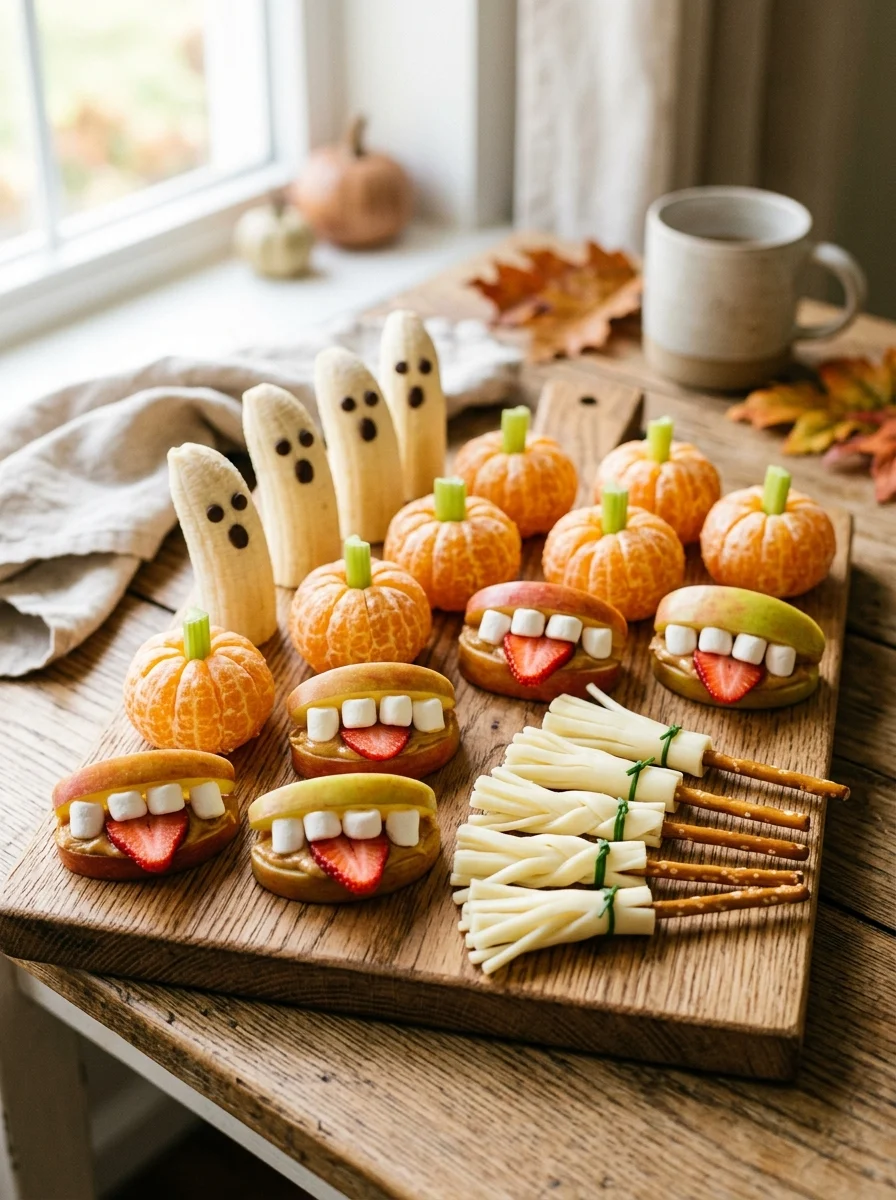 Banana ghosts, clementine pumpkins, apple monster mouths and cheese stick broomsticks on a board