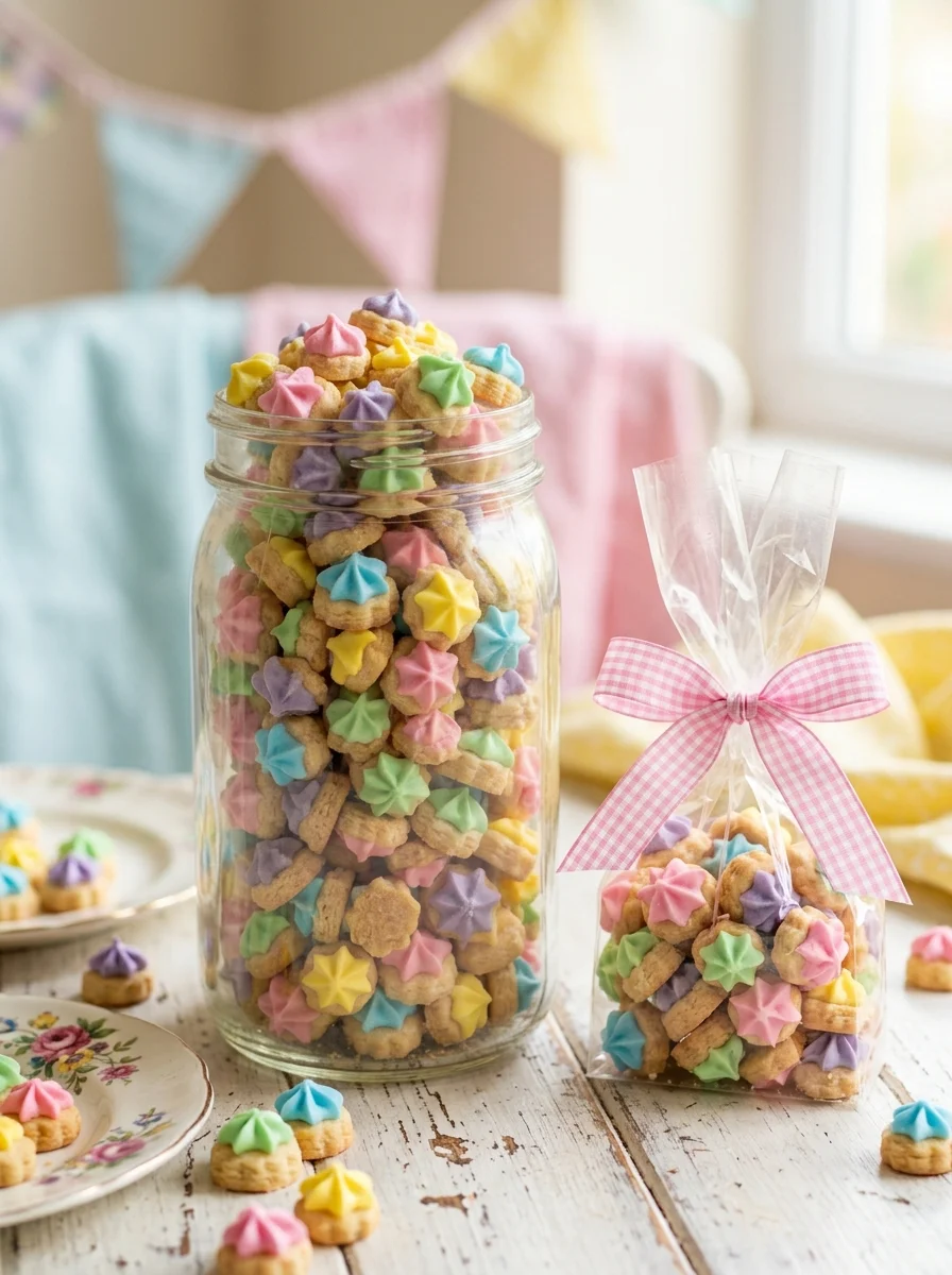Glass jar of homemade iced gems biscuits and a cellophane party favor bag