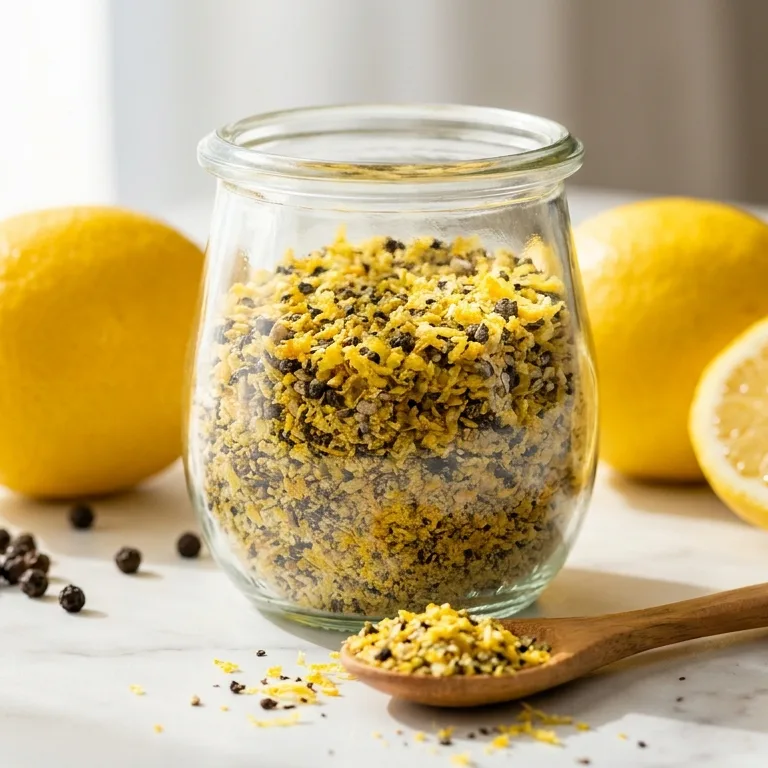 Jar of homemade lemon pepper seasoning with lemons, square photo for the recipe card