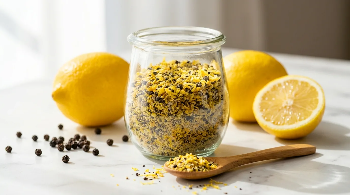 Homemade lemon pepper seasoning in a glass jar with fresh lemons and black peppercorns